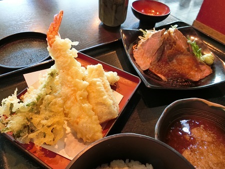 天ぷら盛り合わせと和風ローストビーフ